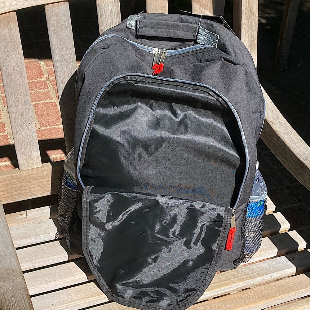 Black Backpack with Red Grey Trim Side Mesh Pockets Unisex New - Picture 5 of 9